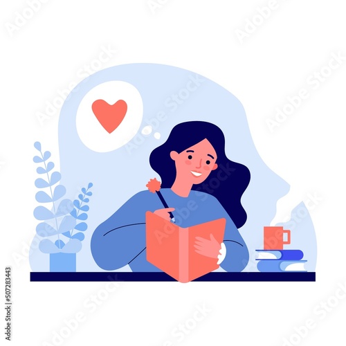 Teenage girl writing diary or journal. Happy young woman reading book and taking notes with pencil. Vector illustration for journal, love concept