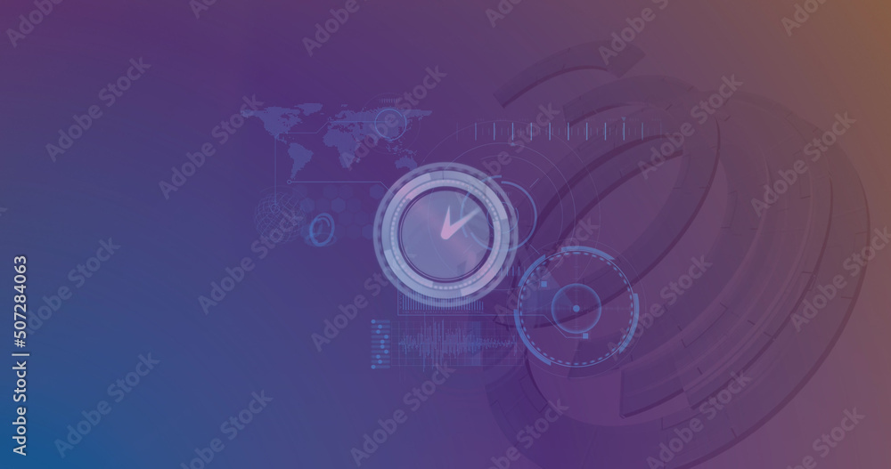 Fototapeta premium Image of data processing over clock and blue background