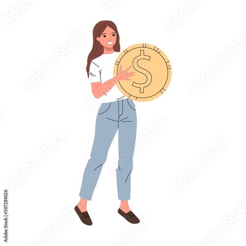 Girl with a coin in her hand. Business speaker shouting on megaphone vector illustration. Promoter attracting target buyers and clients