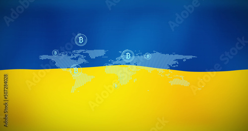 Image of bitcoin symbols over flag of ukraine