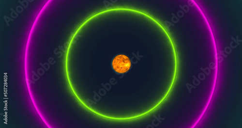 Image of neon circles over globe on navy background