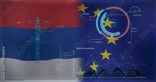 Image of data processing over flag of serbia and eu
