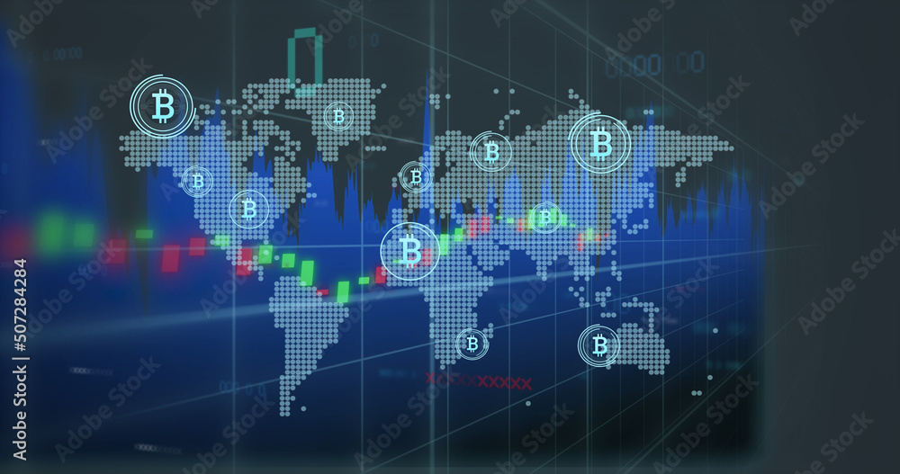 Image of data processing and bitcoin symbol over world map