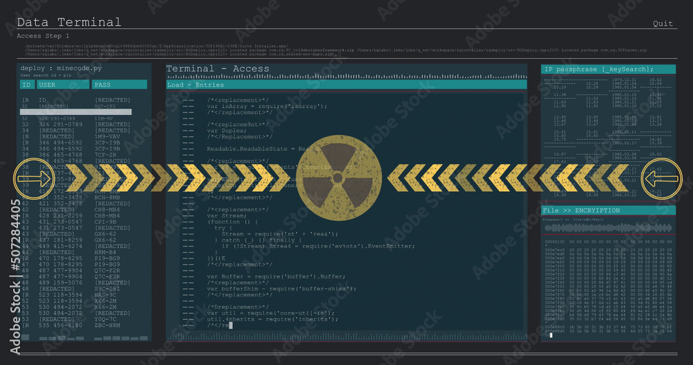 Image of nuclear symbol over data processing Image of nuclear symbol over data processing