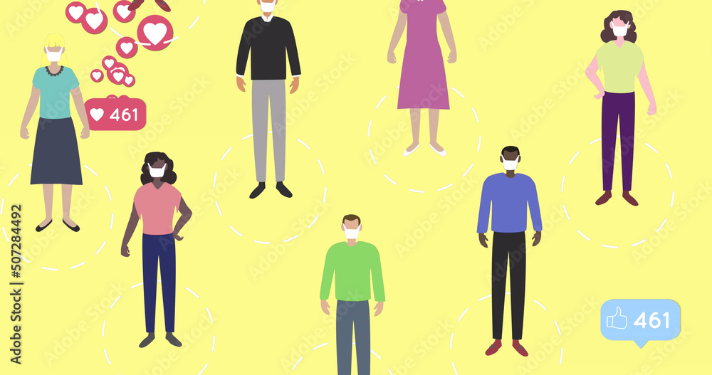 Image of people icons and number growing over yellow background Image of people icons and number growing over yellow background