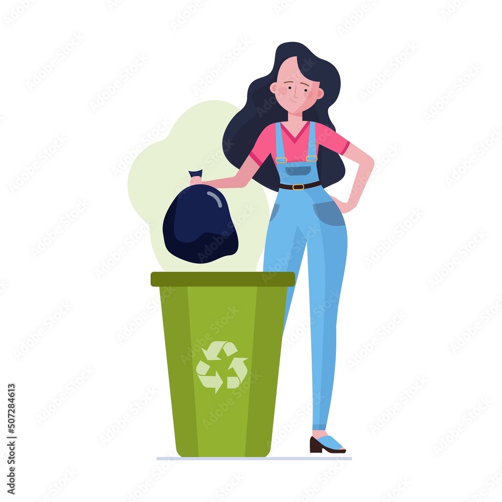 Young girl carrying bags with garbage to trash bin flat vector ...