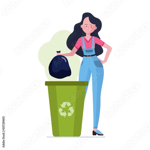 Young girl carrying bags with garbage to trash bin flat vector illustration. Cleaning, recycling, ecology concept for banner