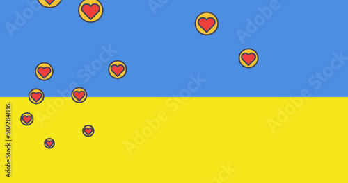 Image of heart icons over flag of ukraine