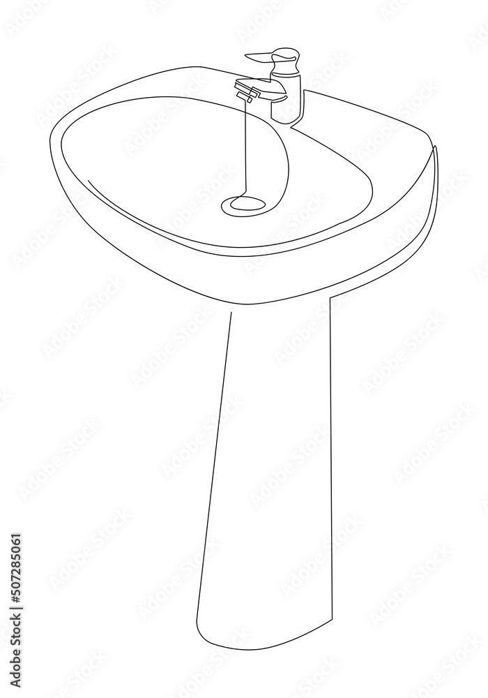 Sink tulip for washing hands in the bathroom.Vector illustration. Continuous line drawing.