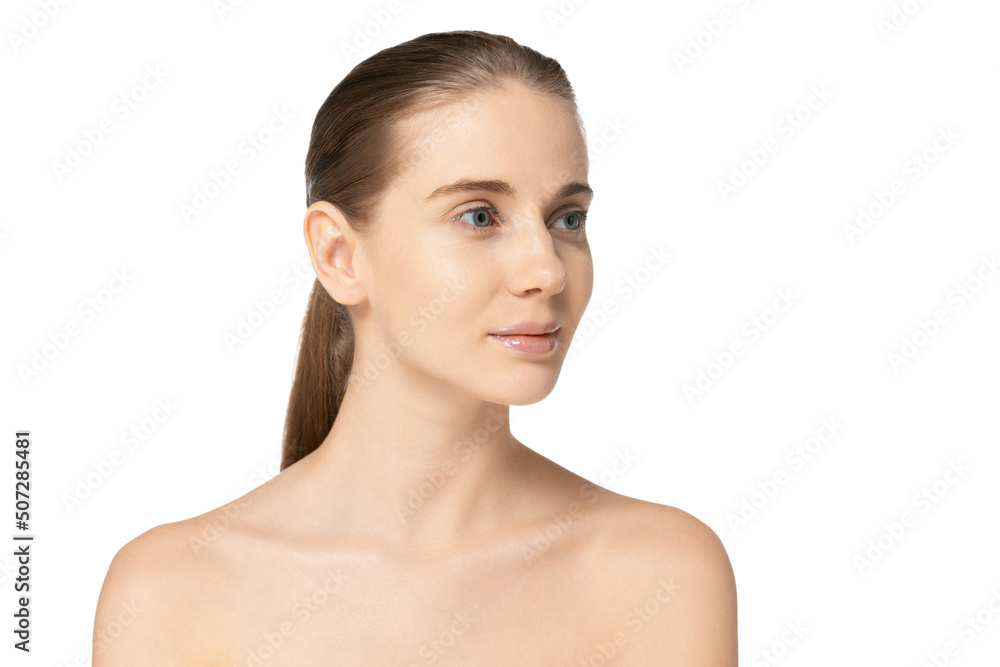 Portrait of young beautiful girl with no makeup face posing isolated over white studio background. Taking care after skin Portrait of young beautiful girl with no makeup face posing isolated over white studio background. Taking care after skin