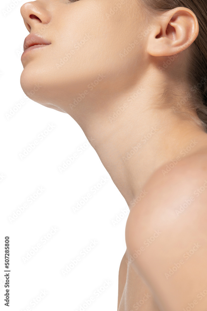 Cropped image of beautiful female face and neck isolated over white studio background. Skincare cosmetology treatment Cropped image of beautiful female face and neck isolated over white studio background. Skincare cosmetology treatment