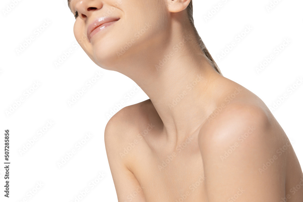 Cropped image of tender female body, neck and shoulders isolated over white studio background. Natural beauty Cropped image of tender female body, neck and shoulders isolated over white studio background. Natural beauty