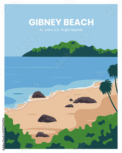 Beautiful Gibney beach on St John, virgin islands poster. vector illustration landscape. Travel to virgin islands.