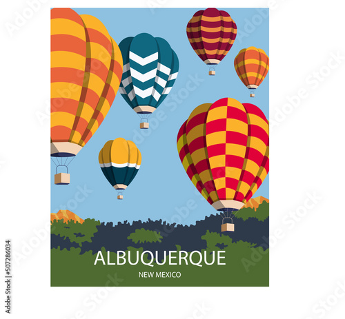 albuquerque new mexico landscape background with hot air balloon festival. vector illustration for poster, postcard, art print, template.