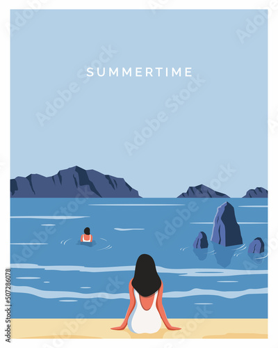 Summer beach women swimming and having sunbed vector illustration background with colored style.