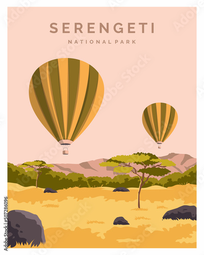 The Serengeti national park. Nature of Tanzania with hot air balloon safari. Vector illustration background for poster, postcard, art print.