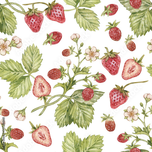 Watercolor seamless pattern with vintage strawberry branch with berries, leaves and flowers. Isolated on white.