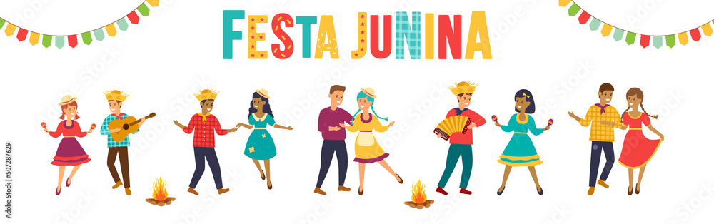 Festa Junina. Vector templates for Brazil june party. Fun dancing people.