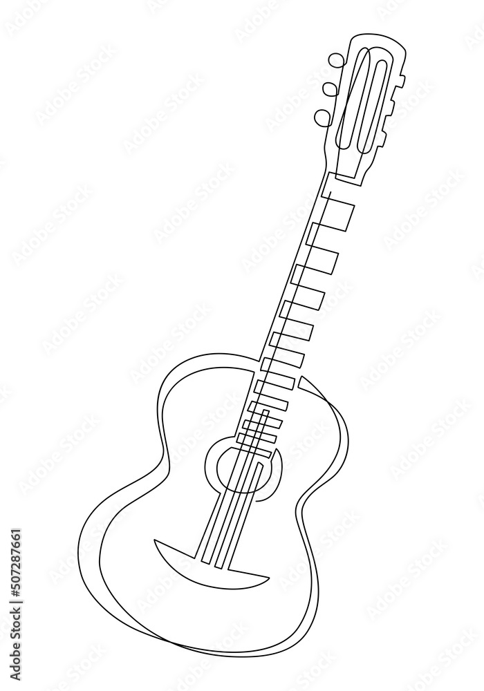 Guitar, stringed musical instrument. Vector illustration. Continuous line drawing.