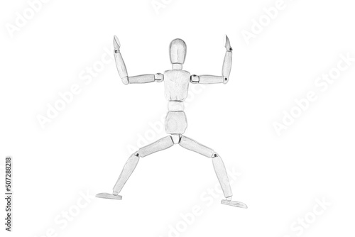 black and white drawing of a wooden puppet on a white