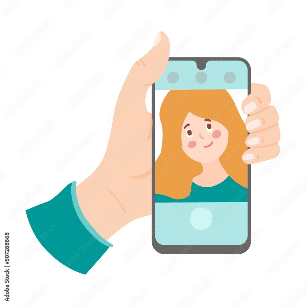 Hand with mobile phone. Vector illustrations of people using smartphones. Cartoon social media, video call and messenger apps