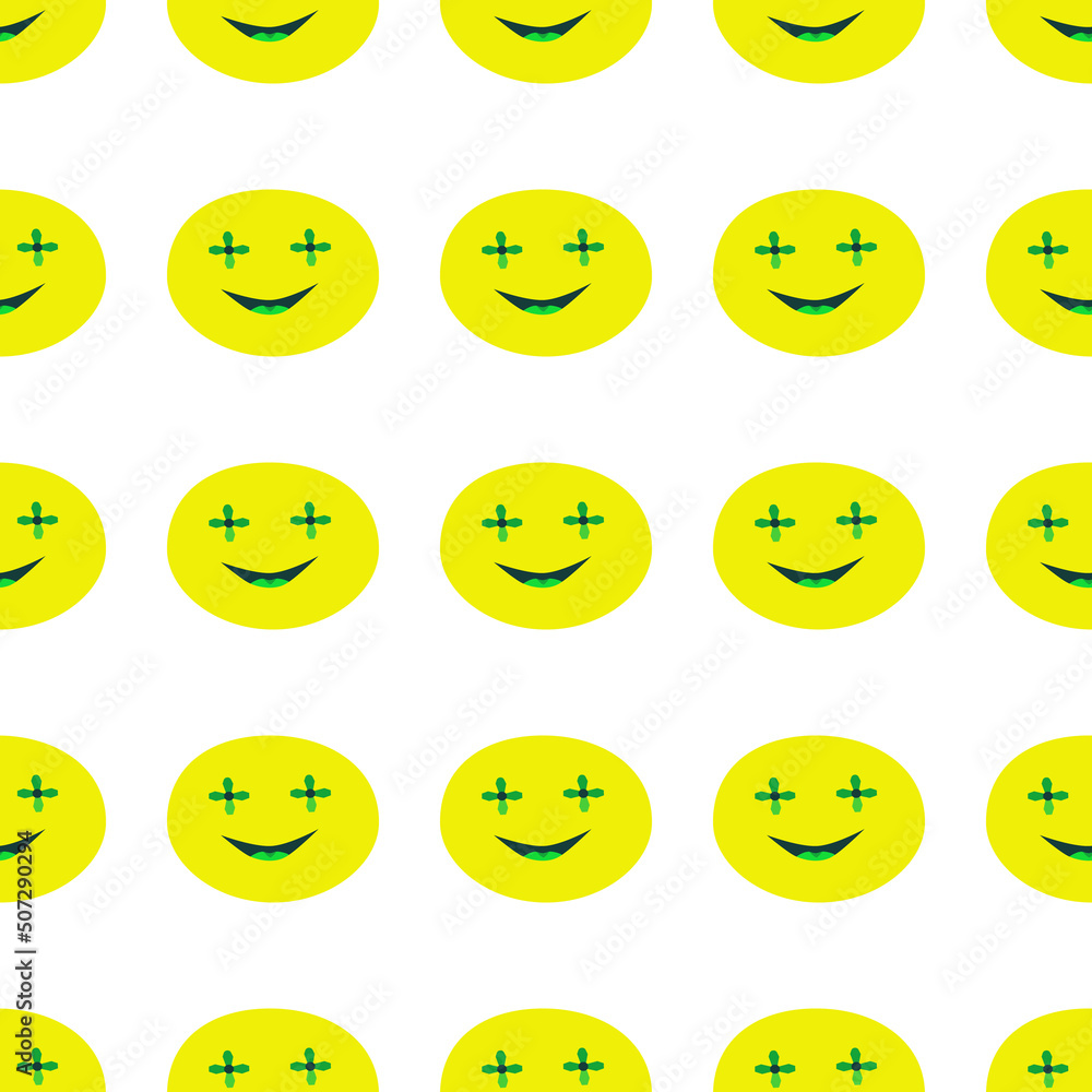 Fototapeta premium Vintage neon yellow pattern. Smiling faces, 70's, background, vector, retro, seamless