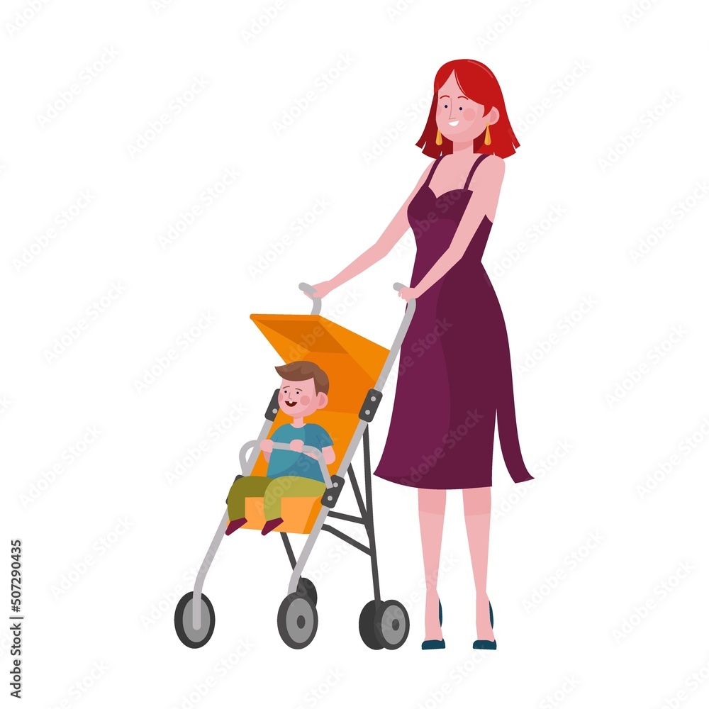 Parents walking with children in prams. Couple with toddler, new mom with baby in stroller flat vector illustration. Parenthood concept for banner Parents walking with children in prams. Couple with toddler, new mom with baby in stroller flat vector illustration. Parenthood concept for banner