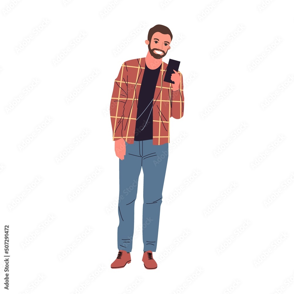 Young man with a mobile phone in his hand. Business speaker shouting on megaphone vector illustration. Promoter attracting target buyers Young man with a mobile phone in his hand. Business speaker shouting on megaphone vector illustration. Promoter attracting target buyers