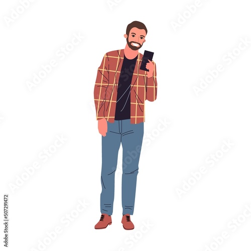 Young man with a mobile phone in his hand. Business speaker shouting on megaphone vector illustration. Promoter attracting target buyers