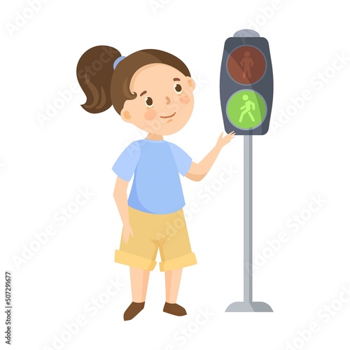 Green light for pedestrian. School kid learning traffic rules cartoon illustration. Cute children walking on street crosswalk