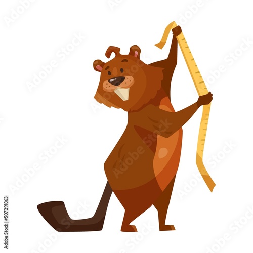 Funny beaver cartoon illustration. Cute rodent with saw, meter ruler and hummer gnawing wood on white background