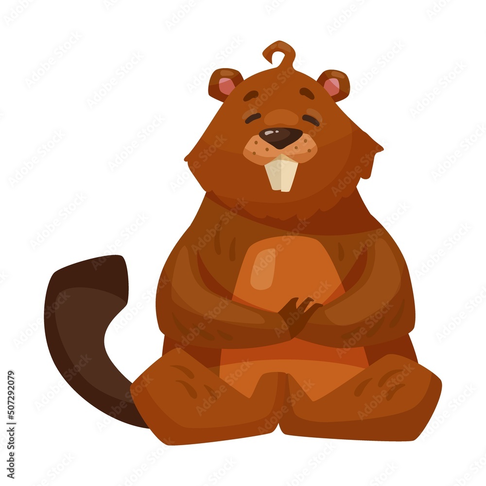 Funny beaver cartoon illustration. Cute rodent with saw sitting in lotus pose on white