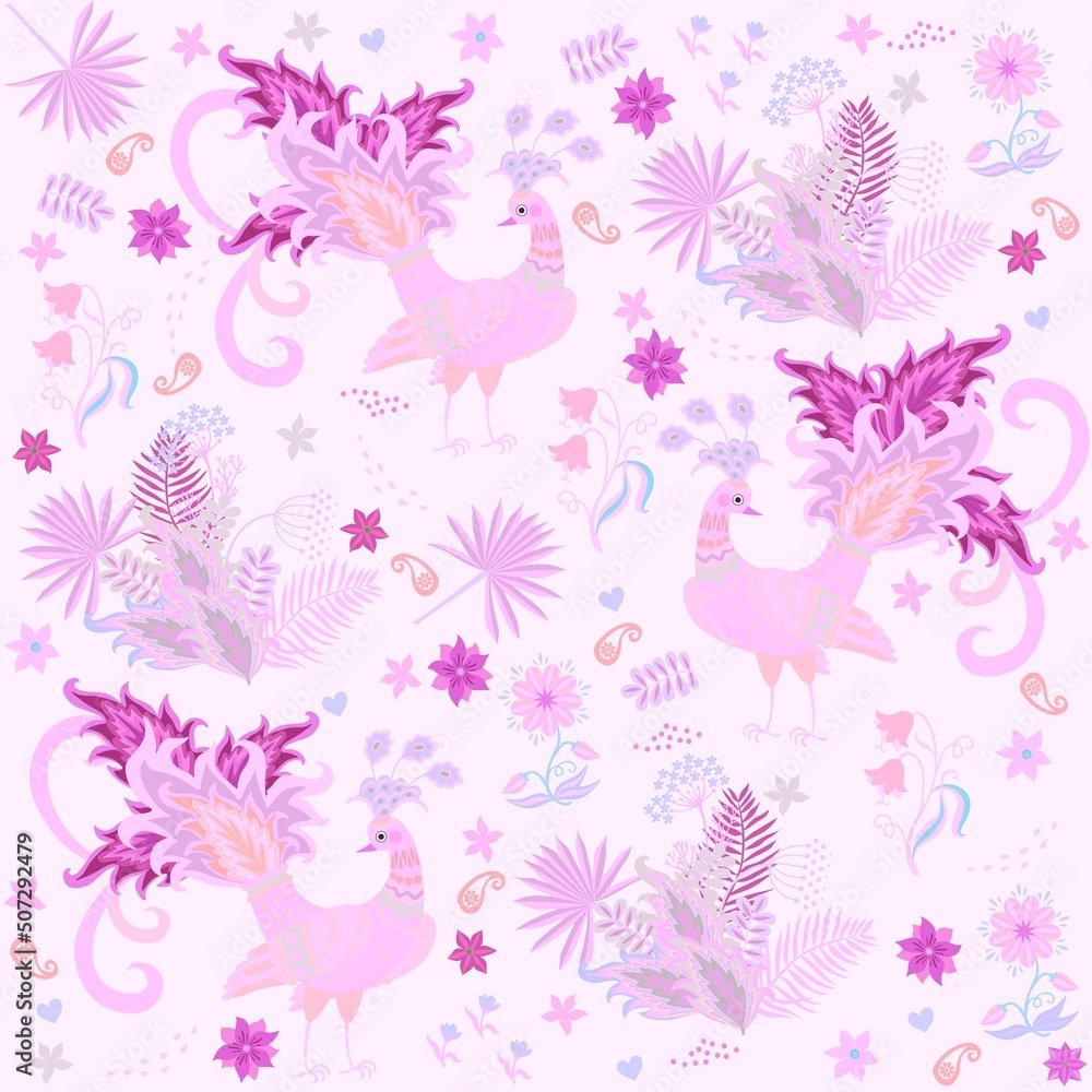 Beautiful seamless print for fabric with hot pink fabulous peacocks, bouquets of flowers and small paisleys on a soft pinkish background in vector.