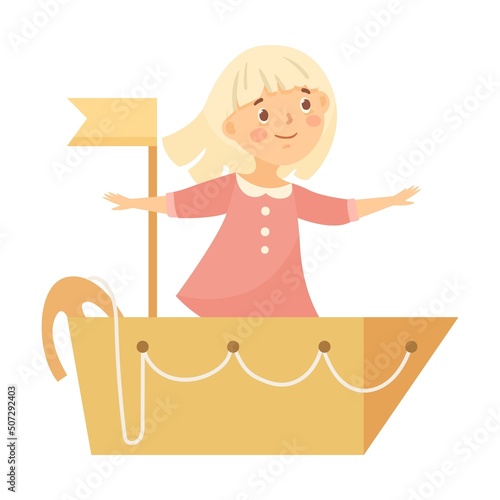 Brave girl on ship. Kid game in cardboard box costume. Vector illustration of playing creative girls and boys. Cartoon cute child isolated on white