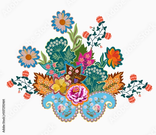 Beautiful print for fabric with paisley  flowers and leaves  made in the style of patchwork embroidery. Vector illustration.