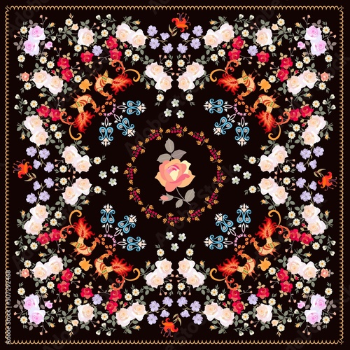 Luxurious print for shawl with bouquets of roses, cinquefoil, bacopa, paisley, peacocks, berries and decorative frame on black fog. Fashion accessory in vector. Pillow, pillowcase, napkin, bandana.