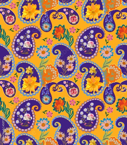 Seamless print for fabric with flowers and paisley in bright blue colors on an orange background in vector. Indian, Turkish motifs.