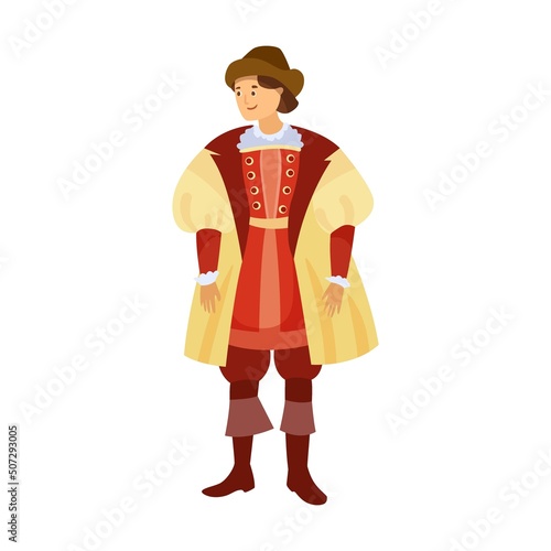 Men in aristocrat medieval costumes cartoon illustration. Queen, princess and aristocrats characters. History, style concept