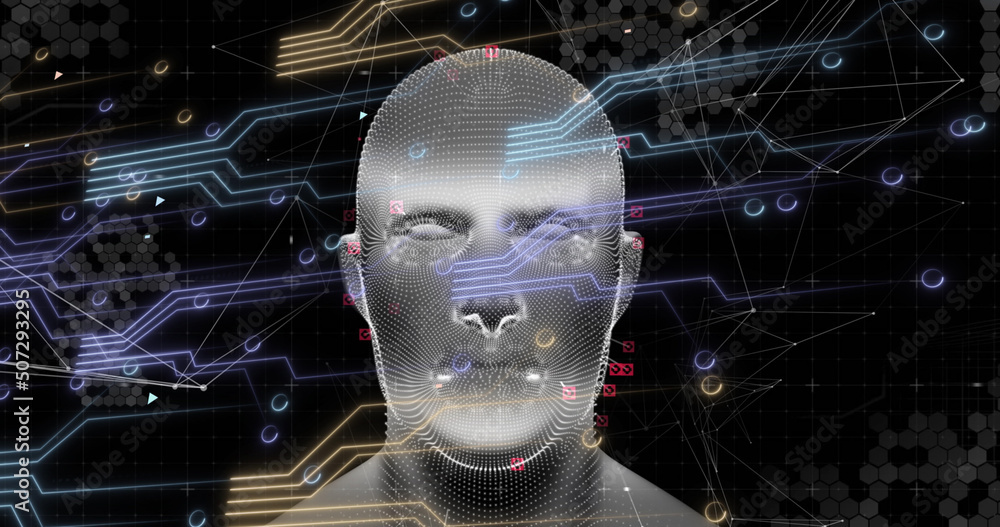 Image of digital head over icons and neon lines Image of digital head over icons and neon lines