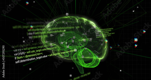 Image of data processing and brain on black background