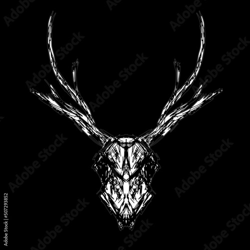 Deer skull on a black background, Tattoo, freehand drawing, vector. Abstract. Contemporary trendy art illustration