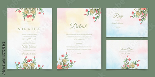 Fototapeta Naklejka Na Ścianę i Meble -  Hand drawn floral wedding invitation card template.  
