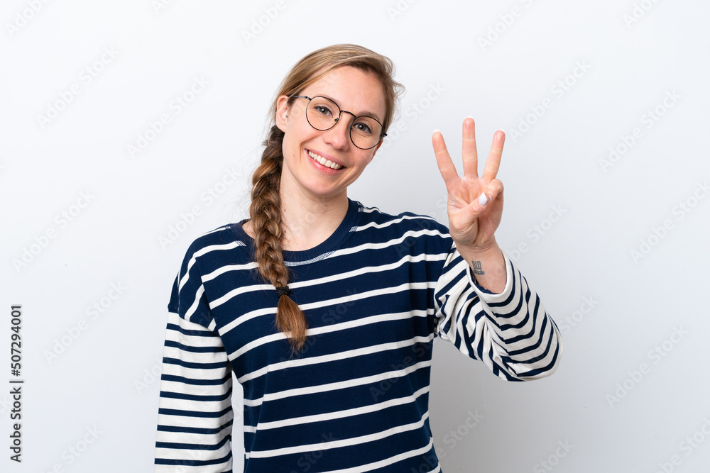 Young caucasian woman isolated on white background happy and counting three with fingers Young caucasian woman isolated on white background happy and counting three with fingers