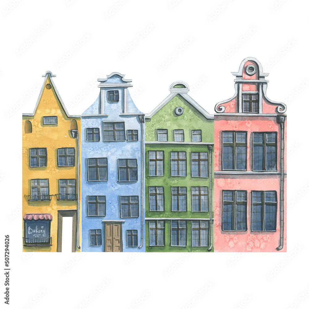 A set of old, European houses. Watercolor illustration. Cute, colorful houses. For decorating, designing and composing various compositions of postcards, souvenirs, posters, stickers.