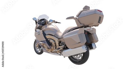 3D Rendering of Motorcycle in Metallic Color on White Background.