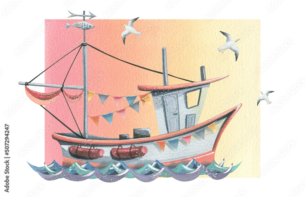 Fishing boat with garlands of flags on the waves with seagulls on the background. Watercolor illustration. Composition for decoration, design of postcards, posters, booklets, stickers, souvenirs.