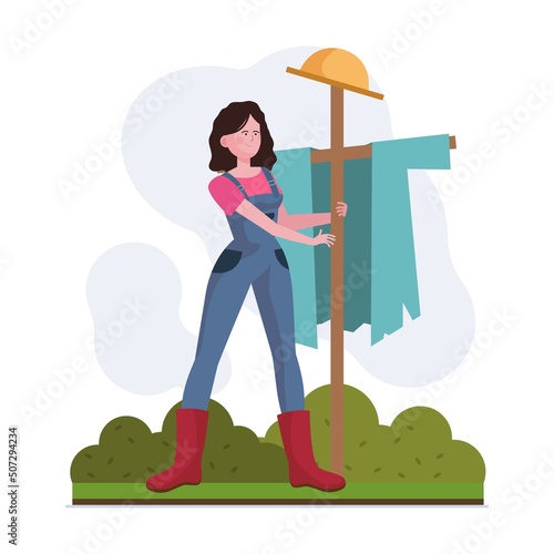 Garden work. Women gathering harvest, watering plants, picking apple flat vector illustration. Farming, agriculture, orchards concept