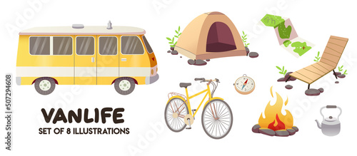 Life on wheels. A set of vector illustrations of motorhome and camping paraphernalia.