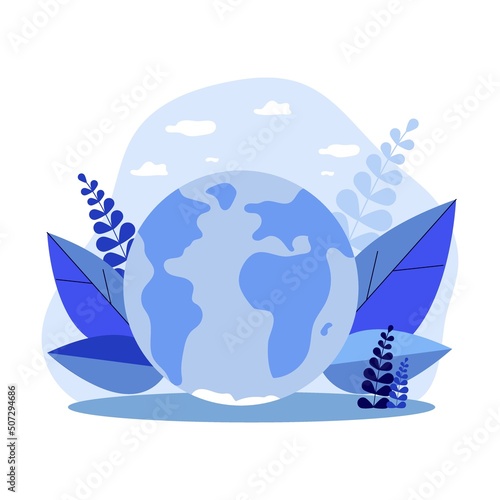 Earth with plants background, flat vector illustration. Tiny people saving world ecology and huge planet at background