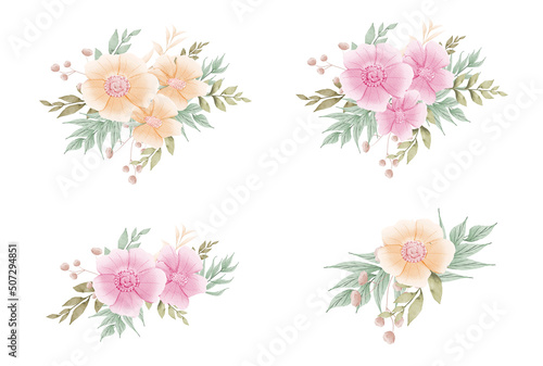  Watercolor floral wreath / frame / bouquet set with green leaves, gold shapes, pink peach blush flowers and branches, for wedding stationary, wallpapers, fashion. Eucalyptus, olive, green leaves, ros © TM
